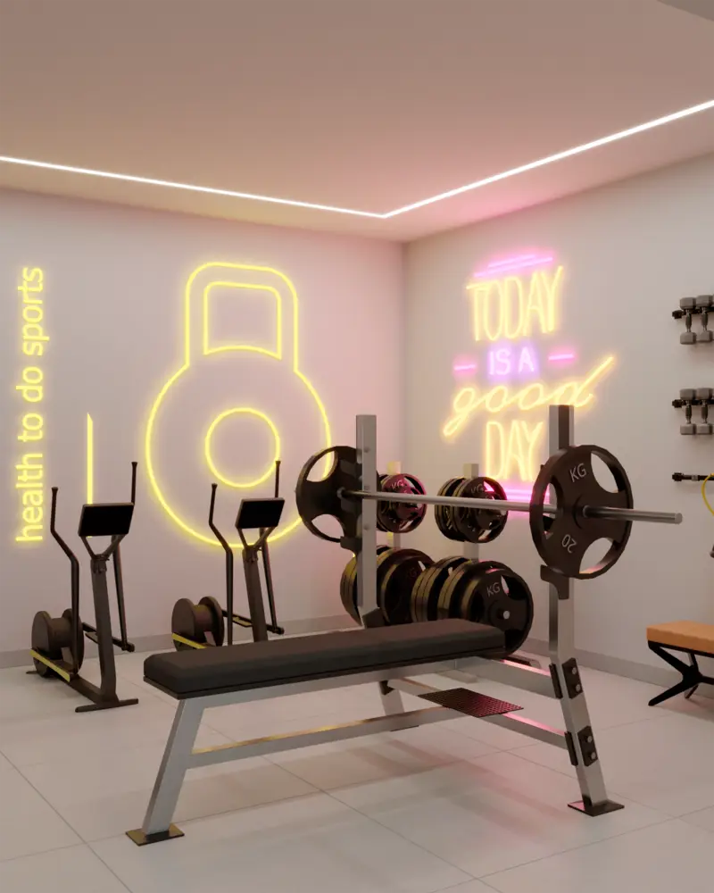 Render da academia com aparelhos, anilhas e letreiros de neon