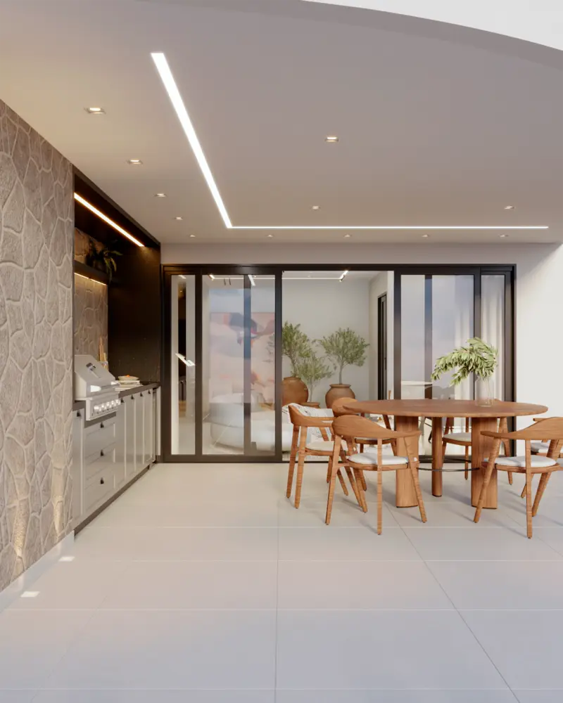 Render do salão com churrasqueira, mesa de madeira e cadeiras