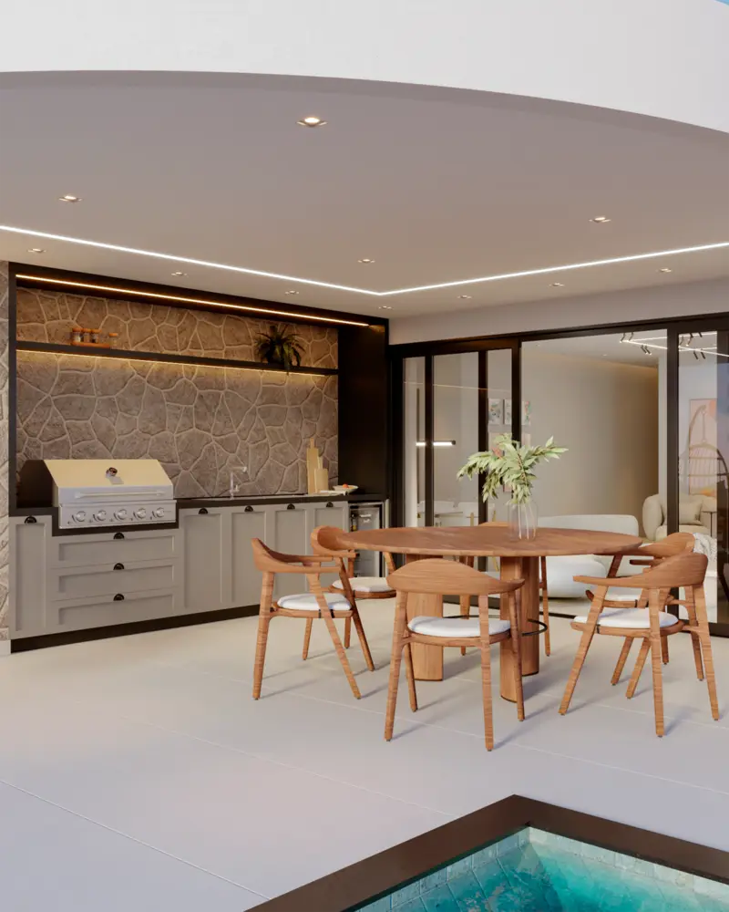 Render do espaço gourmet com churrasqueira e mesas, aberto para a piscina