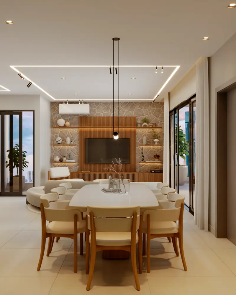 Render da sala de jantar com mesa para oito lugares e pendente