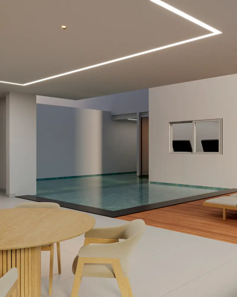Render da piscina coberta do Reserva Vitali, com deck de madeira e iluminação no teto