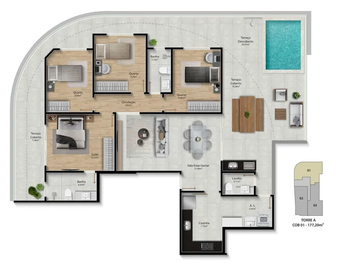 Planta Torre A, Cob 01, 177,20 m²