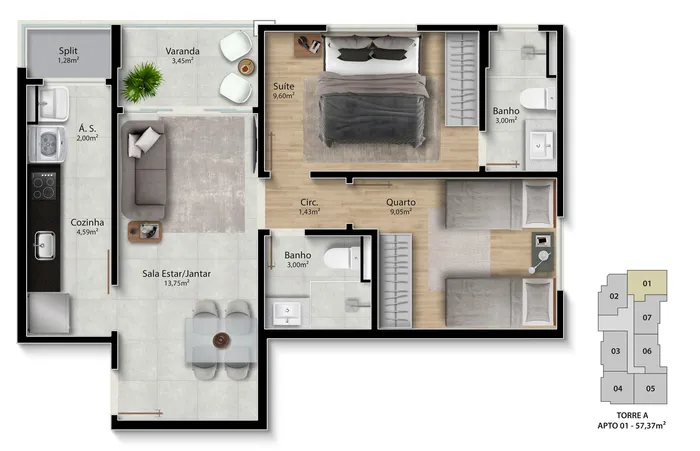 Planta Torre A Apto 01, 57,37 m²