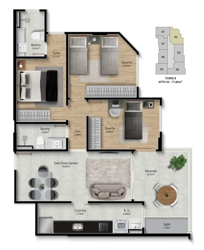 Planta Torre B Apto 02, 77,86 m²