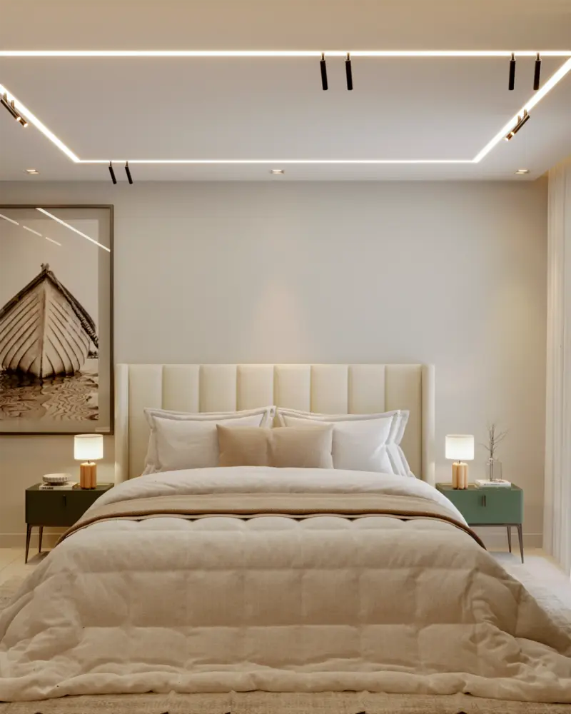 Render de quarto de casal com cabeceira estofada
