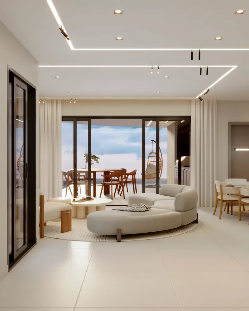 Render de sala de estar com sofá curvo e iluminação linear no teto