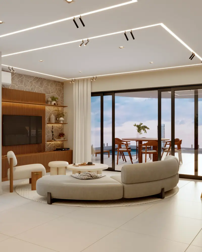 Render de sala de estar integrada à varanda, com sofá curvo e vista