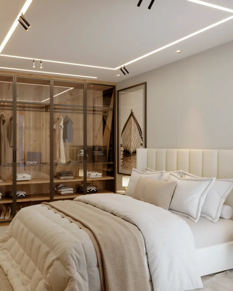Render de suíte com cama de casal e closet de vidro